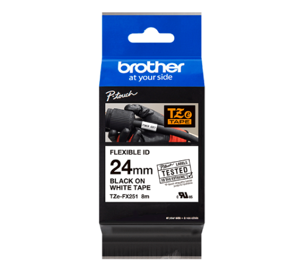 TZE-FX251 Cinta Brother TZE-FX251 PT-1090/2460/2730VP/9500PC, Etiqueta Negra sobre Blanca 1" (24mm)