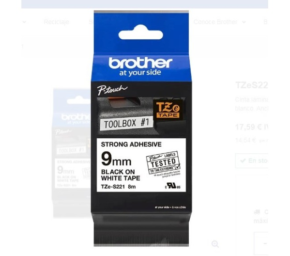TZE-S221 Cinta Brother TZE-S221 Negro sobre Blanco 9 mm x 8 mts. Extra Adhesiva